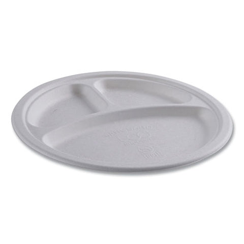 Vanguard Renewable And Compostable Sugarcane Plates, 3-compartment Plate, 10" Dia, White, 500/carton