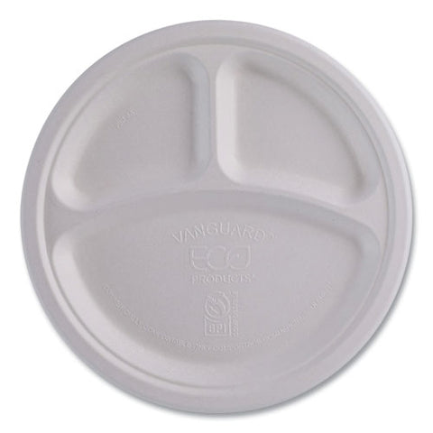 Vanguard Renewable And Compostable Sugarcane Plates, 3-compartment Plate, 10" Dia, White, 500/carton