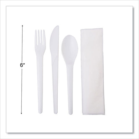 Plantware Compostable Cutlery Kit, Knife/fork/spoon/napkin, 6", Pearl White, 250 Kits/carton