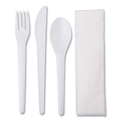 Plantware Compostable Cutlery Kit, Knife/fork/spoon/napkin, 6", Pearl White, 250 Kits/carton