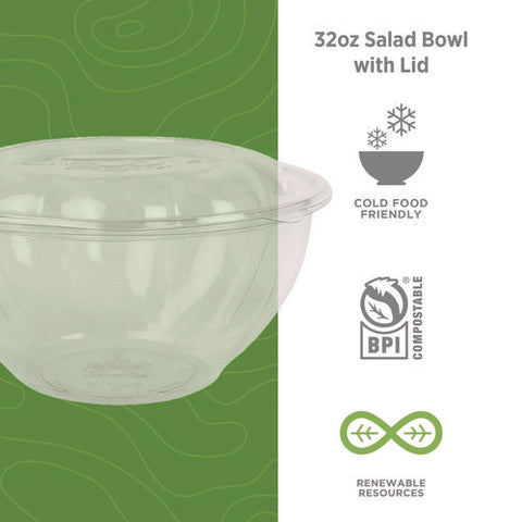 Renewable And Compostable Salad Bowls With Lids, 32 Oz, Clear, Plastic, 50/pack, 3 Packs/carton