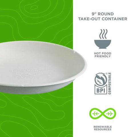 Vanguard Worldview Renewable And Compostable Sugarcane Take-out Containers, 34.1 Oz, 9 X 9 X 1.25, White, 400/carton