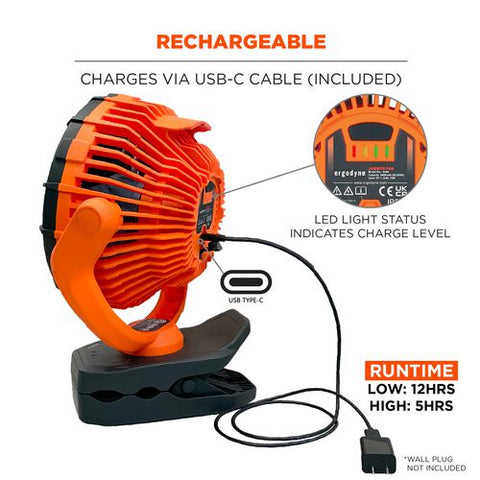 Chill-its 6090 Rechargeable Portable Jobsite Fan, 9.5, Orange/black