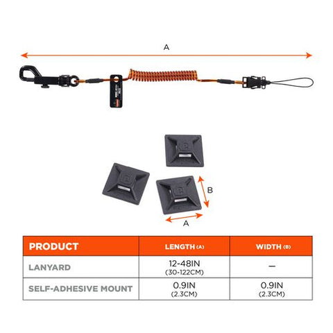 Squids 3151 Coil Lanyard Swivel Hook/detachable Loop, Mini Adhesive Mount, 2 Lb Max Working Capacity, 12" Long, Black/orange