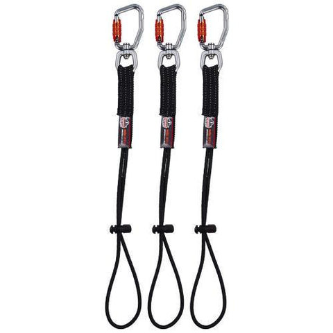 Squids 3714 Elastic Tool Tail Lanyard W/carabiner And Cinch Loop, 10 Lb Max Working Capacity, 15" Long, Black, 3/pack