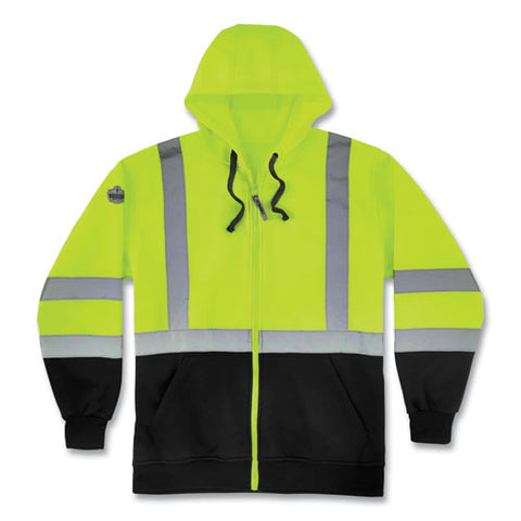 Glowear 8372 Zipup Hivis Class 3 Zip Hooded Sweatshirt With Black Bottom, Polar Fleece, Lime, 2x-large