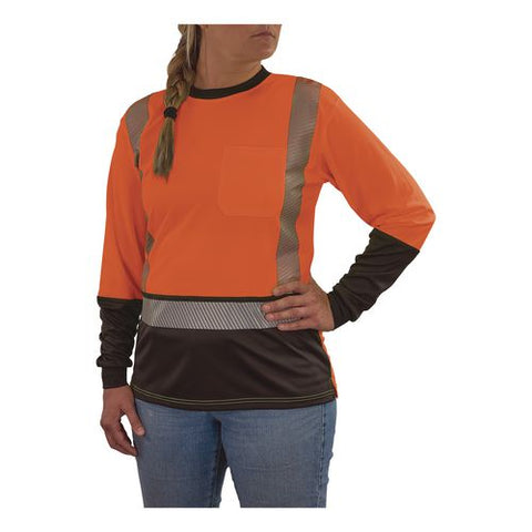 Glowear 8278bk Class 2 Women's Performance Hi-vis Long Sleeve T-shirt With Black Bottom, X-small, Orange