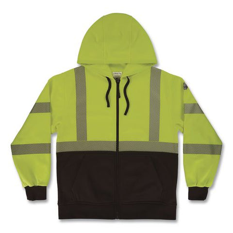 Glowear 8318bk Class 3 Performance Hi-vis Hooded Zip-up Sweatshirt With Black Bottom, Large, Lime