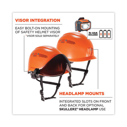 Skullerz 8975led Class C Safety Helmet With 8981 Universal Led Headlamp, 6-point Ratchet Suspension, Orange