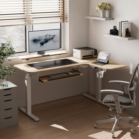 L-shaped Standing Desk With Keyboard Tray, Right Desk, 61.25" X 43.25" X 34.38" To 52.88", Maple White/white