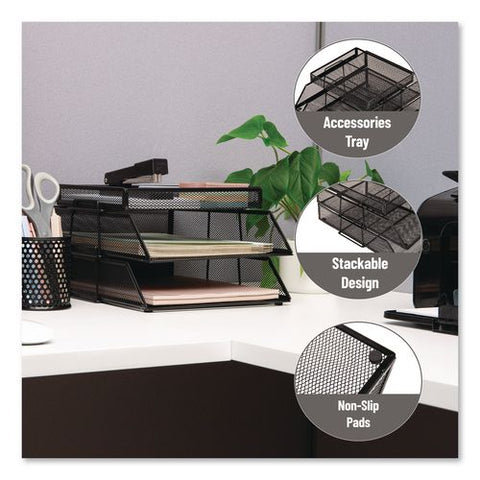 Two-tier Metal Mesh File Organizer With Extra Compartment, 3 Sections, Letter Size, 13.25 X 10.5 X 6.75, Black