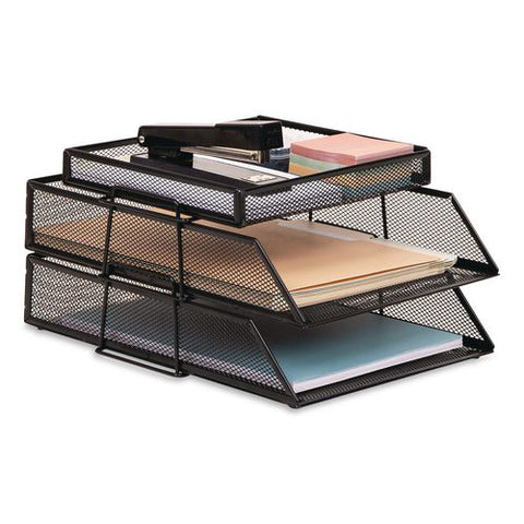 Two-tier Metal Mesh File Organizer With Extra Compartment, 3 Sections, Letter Size, 13.25 X 10.5 X 6.75, Black