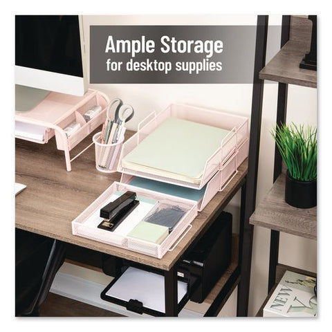 Two-tier Metal Mesh File Organizer With Extra Compartment, 3 Sections, Letter Size, 13.25 X 10.5 X 6.75, Pink