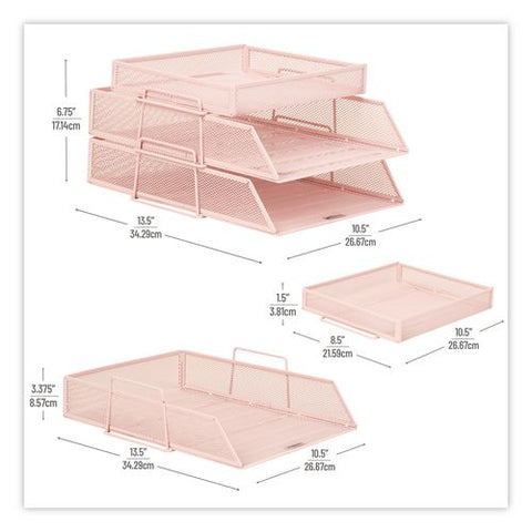 Two-tier Metal Mesh File Organizer With Extra Compartment, 3 Sections, Letter Size, 13.25 X 10.5 X 6.75, Pink