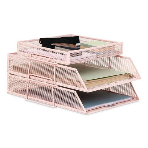 Two-tier Metal Mesh File Organizer With Extra Compartment, 3 Sections, Letter Size, 13.25 X 10.5 X 6.75, Pink