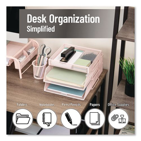 Two-tier Metal Mesh File Organizer With Extra Compartment, 3 Sections, Letter Size, 13.25 X 10.5 X 6.75, Pink