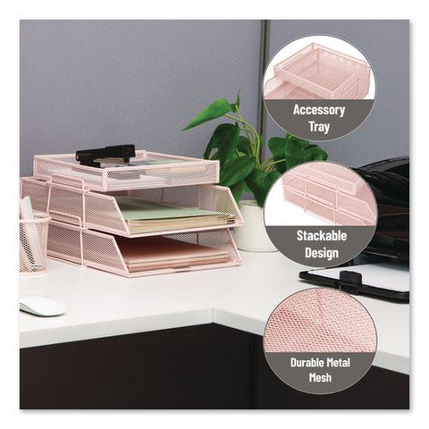 Two-tier Metal Mesh File Organizer With Extra Compartment, 3 Sections, Letter Size, 13.25 X 10.5 X 6.75, Pink