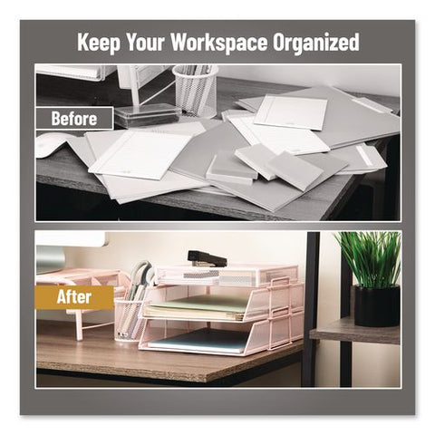 Two-tier Metal Mesh File Organizer With Extra Compartment, 3 Sections, Letter Size, 13.25 X 10.5 X 6.75, Pink