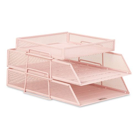 Two-tier Metal Mesh File Organizer With Extra Compartment, 3 Sections, Letter Size, 13.25 X 10.5 X 6.75, Pink