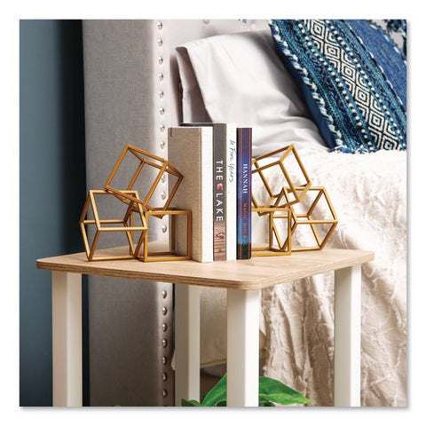 Geometric Cube Metal Bookends, Nonskid Base, 4.25 X 6 X 6, Iron, Gold