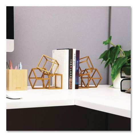 Geometric Cube Metal Bookends, Nonskid Base, 4.25 X 6 X 6, Iron, Gold