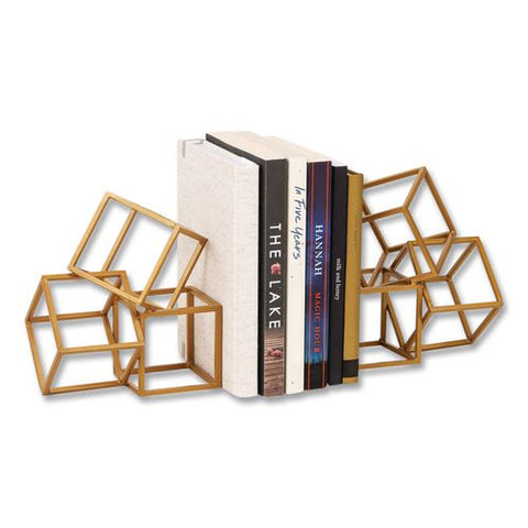 Geometric Cube Metal Bookends, Nonskid Base, 4.25 X 6 X 6, Iron, Gold