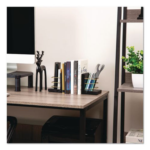 Wood Decorative Basket Bookends, Nonslip Base, 4 X 4 X 5, Wood/metal, Brown/gold