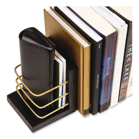 Wood Decorative Basket Bookends, Nonslip Base, 4 X 4 X 5, Wood/metal, Brown/gold