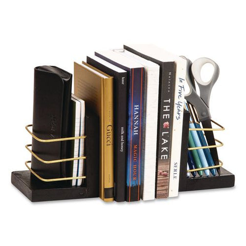 Wood Decorative Basket Bookends, Nonslip Base, 4 X 4 X 5, Wood/metal, Brown/gold