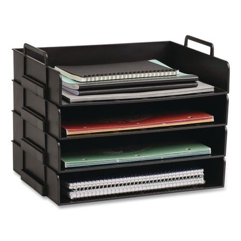 Stackable Plastic Desk Tray, 4 Sections, Letter Size, 13.75 X 10 X 10.75, Black