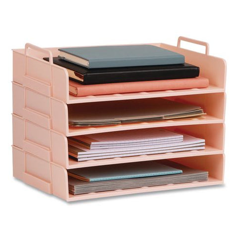 Stackable Plastic Desk Tray, 4 Sections, Letter Size, 13.75 X 10 X 10.75, Pink