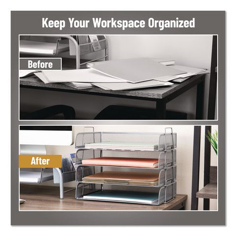 Metal Mesh Stackable Letter Tray, 4 Sections, Letter Size, 13.25 X 9.75 X 11.5, Silver