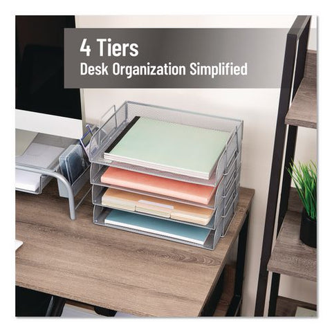 Metal Mesh Stackable Letter Tray, 4 Sections, Letter Size, 13.25 X 9.75 X 11.5, Silver