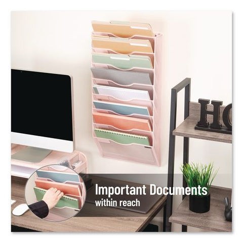 Eight Compartment Wall Mountable Metal File Organizer, Letter Size, 12.75 X 4 X 26.25, Pink