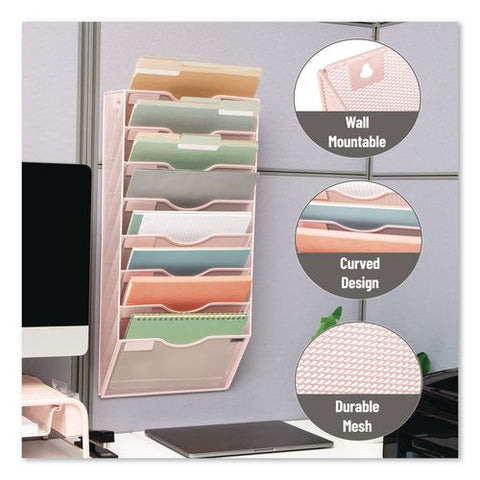 Eight Compartment Wall Mountable Metal File Organizer, Letter Size, 12.75 X 4 X 26.25, Pink