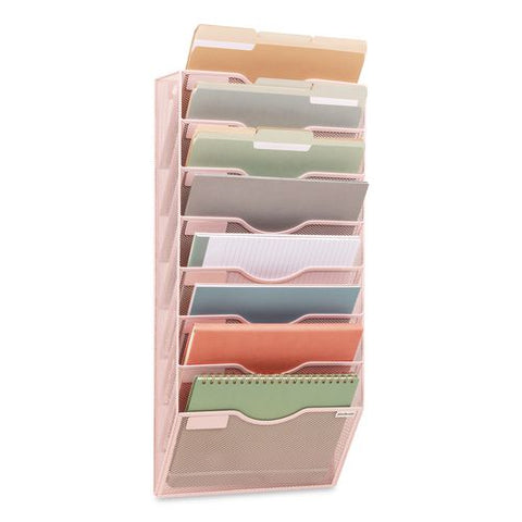 Eight Compartment Wall Mountable Metal File Organizer, Letter Size, 12.75 X 4 X 26.25, Pink
