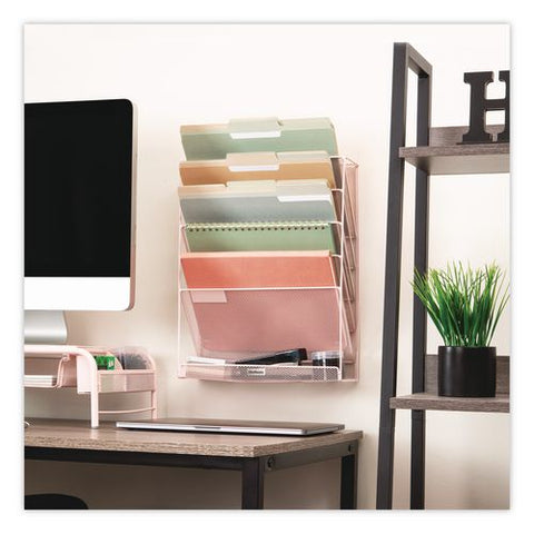 5-pocket Metal Mesh Mountable Wall File, 5 Sections, Letter Size, 12.75 X 4 X 16, Pink