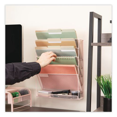 5-pocket Metal Mesh Mountable Wall File, 5 Sections, Letter Size, 12.75 X 4 X 16, Pink