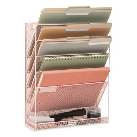 5-pocket Metal Mesh Mountable Wall File, 5 Sections, Letter Size, 12.75 X 4 X 16, Pink