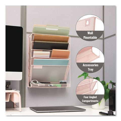 5-pocket Metal Mesh Mountable Wall File, 5 Sections, Letter Size, 12.75 X 4 X 16, Pink