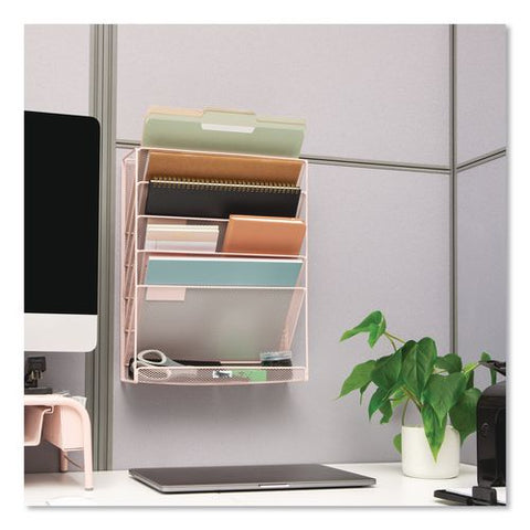 5-pocket Metal Mesh Mountable Wall File, 5 Sections, Letter Size, 12.75 X 4 X 16, Pink