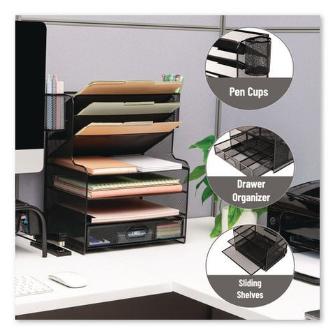 Metal Mesh Desk Organizer, 9 Sections, Letter Size, 9 X 17.5 X 16, Black