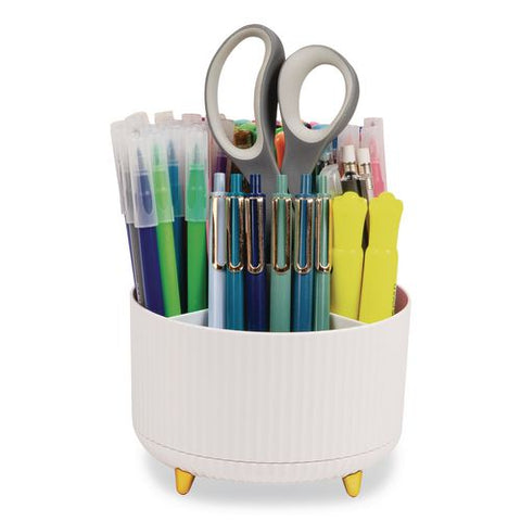 Five-compartment Rotating Plastic Pen Holder, 5.74" Dia X 4.75" H, White