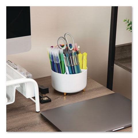 Five-compartment Rotating Plastic Pen Holder, 5.74" Dia X 4.75" H, White