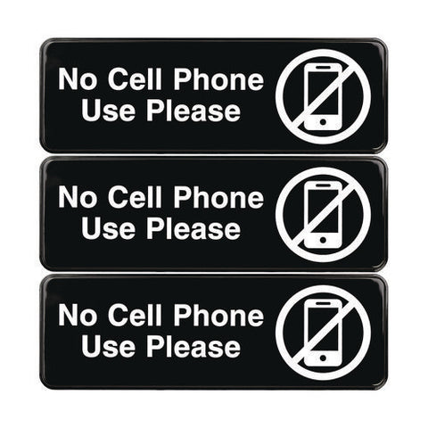 No Cell Phone Use Please Indoor/outdoor Wall Sign, 9 X 3, Black Face, White Graphics, 3/pack