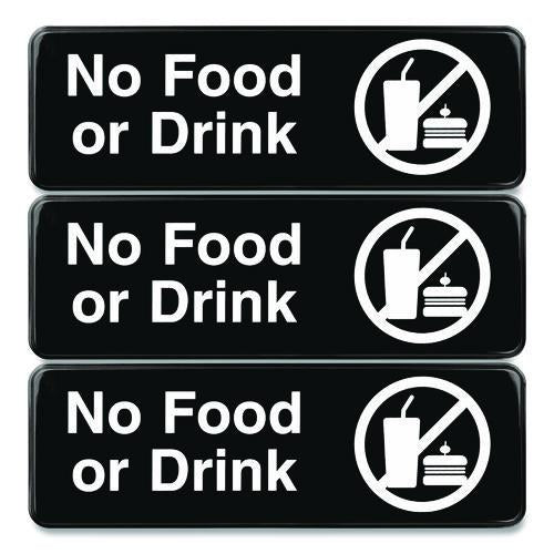 No Food Or Drink Wall Sign, 9" X 3", Black Face, White Graphics, 3/pack