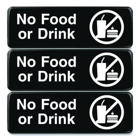 No Food Or Drink Wall Sign, 9" X 3", Black Face, White Graphics, 3/pack