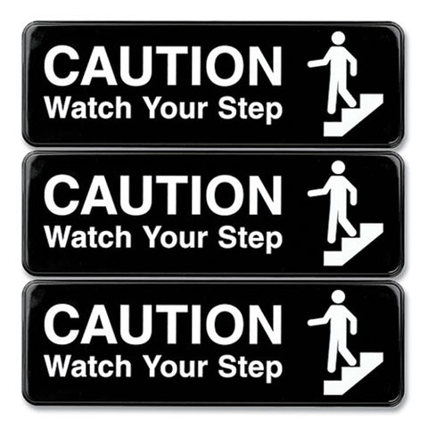 Caution Watch Your Step Indoor/outdoor Wall Sign, 9" X 3", Black Face, White Graphics, 3/pack