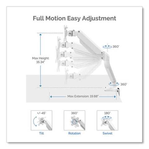 Platinum Series Single Monitor Arm, For 27" Monitors, 360 Deg Rotation, 45 Deg Tilt, 180 Deg Pan, White, Supports 20 Lb