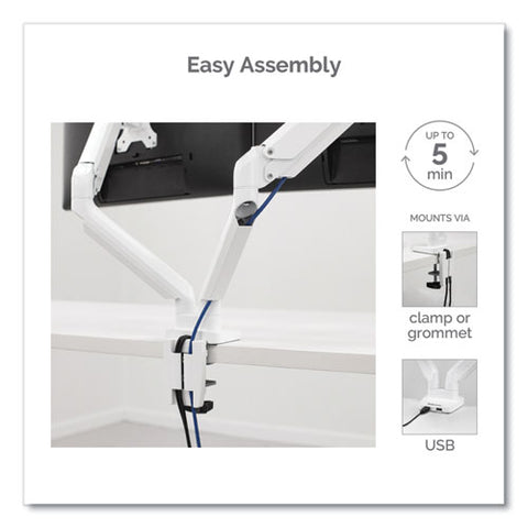 Platinum Series Dual Monitor Arm, For 27" Monitors, 360 Deg Rotation, 45 Deg Tilt, 180 Deg Pan, White, Supports 20 Lb